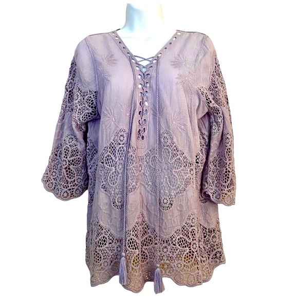 entro Tops - Lilac Floral Cotton Tunic Top S/M Lace-up Embroidered Crochet Blouse Flowy